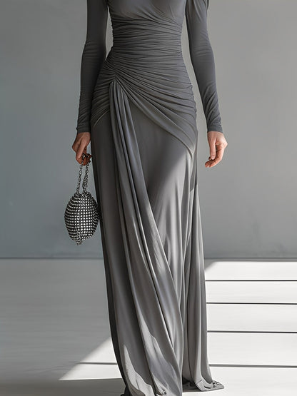 Grey Silky Ruched Cut-Out Maxi Dress