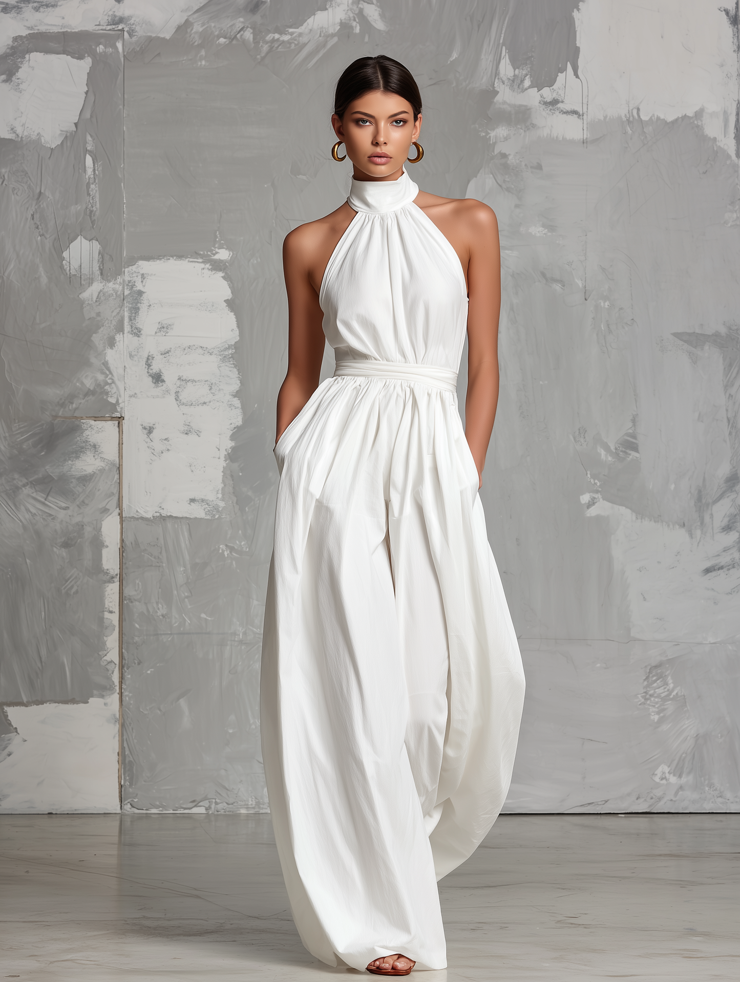 White Woven Sleeveless Halter-Neck Jumpsuit