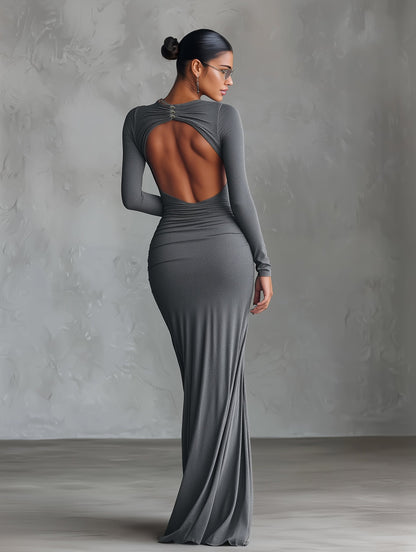 Women's Grey Ruched Open-Back Maxi Dress
