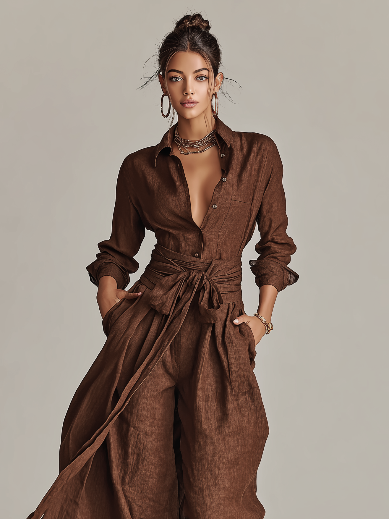 Brown Cotton-Linen Shirt Collar Belted Jumpsuit