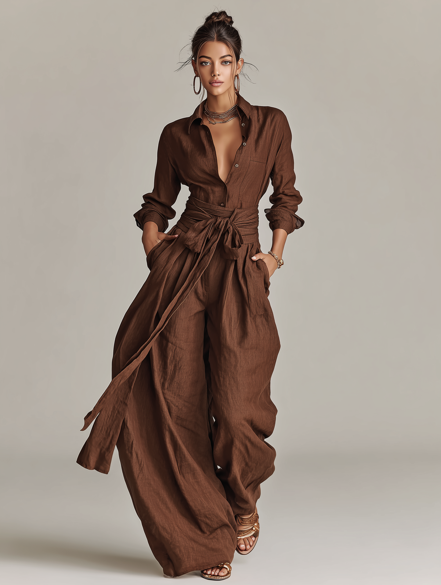 Brown Cotton-Linen Shirt Collar Belted Jumpsuit