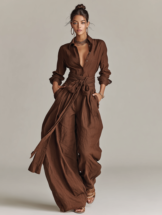 Brown Cotton-Linen Shirt Collar Belted Jumpsuit