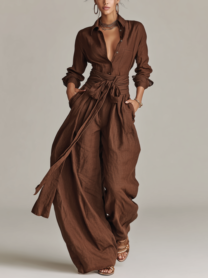 Brown Cotton-Linen Shirt Collar Belted Jumpsuit