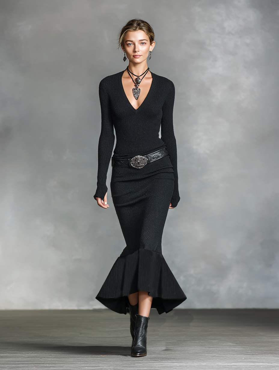 Knitted V-Neck Slim Long Sleeve Maxi Dress