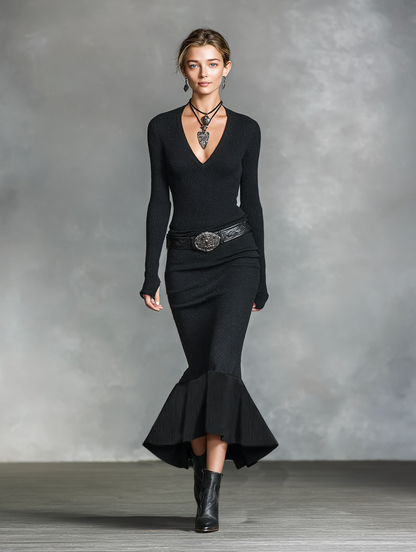 Knitted V-Neck Slim Long Sleeve Maxi Dress