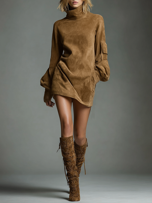 Vintage Loose Suede Turtleneck Mini Dress