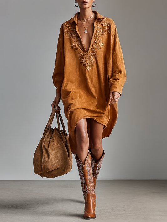 Suede Lapel V-Neck Embroidered Midi Dress