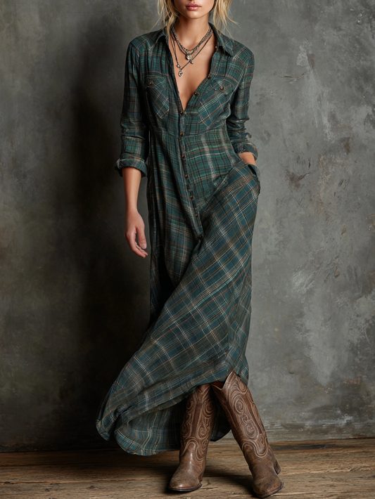 Plaid Lapel Single-Breasted Shirt Maxi Dress