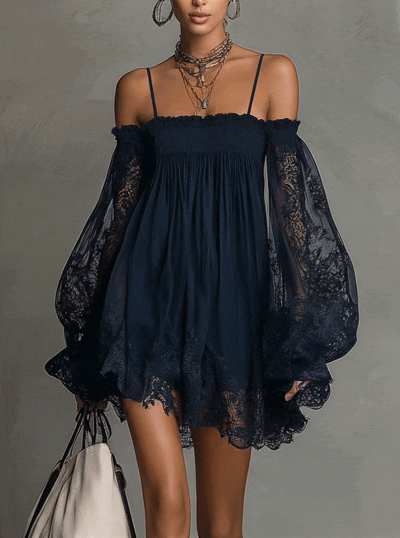 Noemi - Navy blue chiffon mini dress with off-the-shoulder neckline, lace trim and sheer sleeves