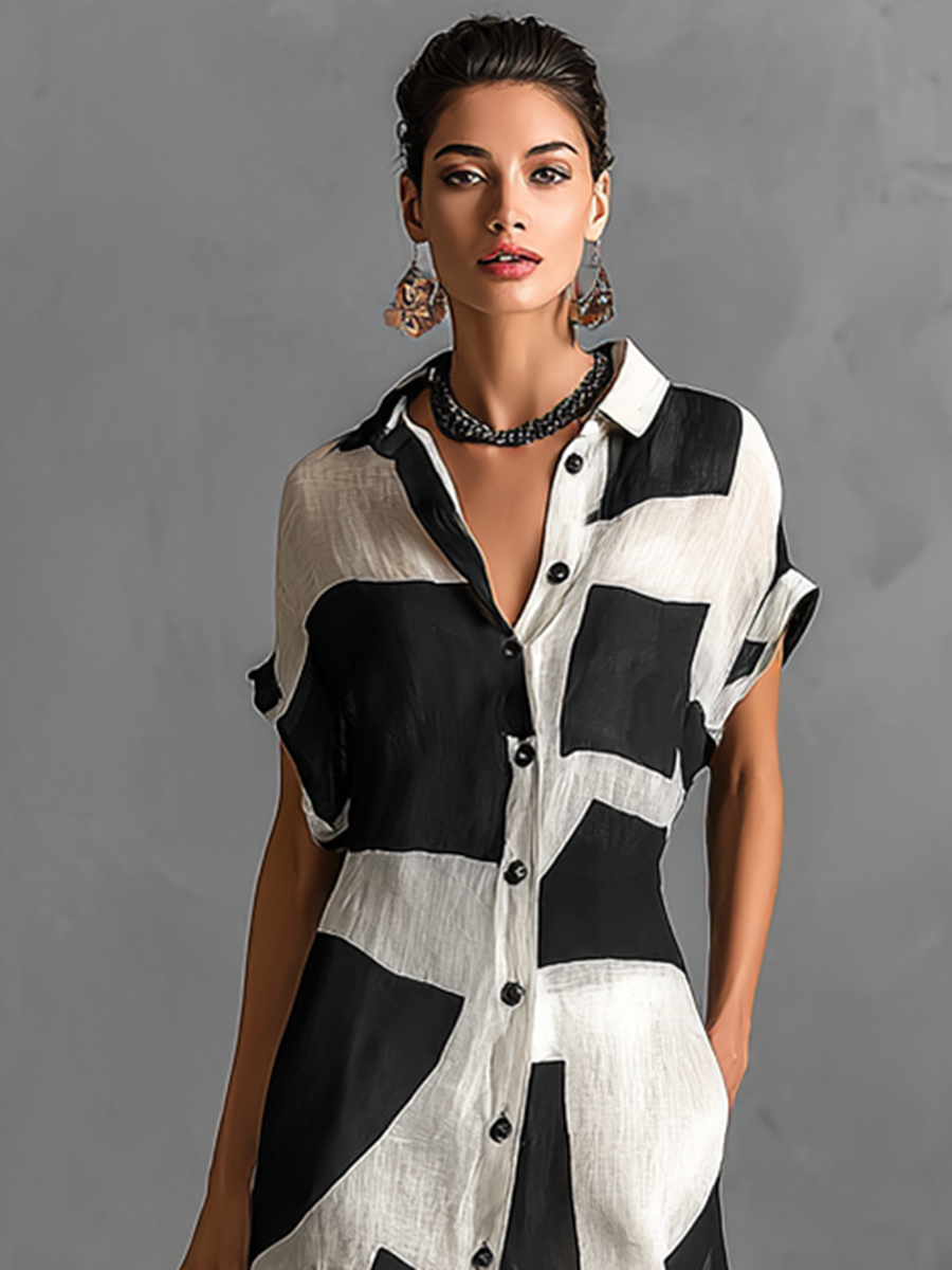 Cotton-Linen Geometric Print Lapel Single-Breasted Maxi Shirt Dress