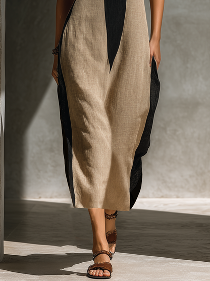 Black & Beige Cotton Halter Neck Keyhole Midi Dress