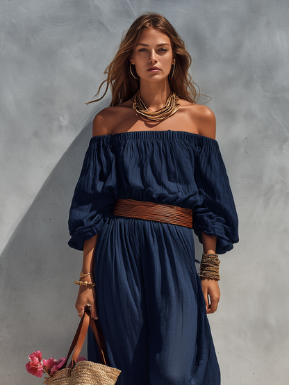 Dark Blue Cotton-Linen Strapless Long Sleeve Dress