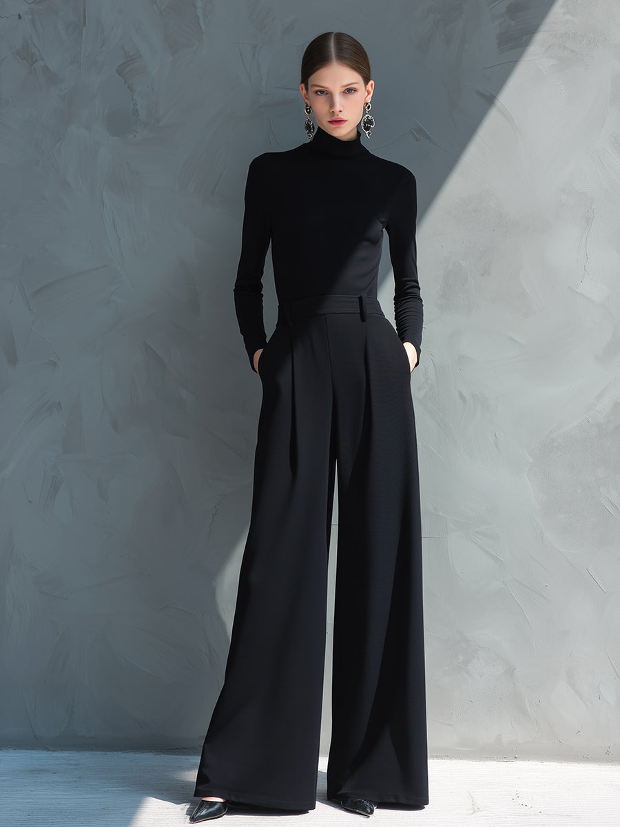 Black Classic Knit Turtleneck Wide-Leg Jumpsuit