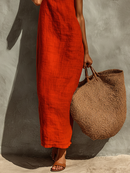 Red Cotton Spaghetti Strap Square Neck Dress