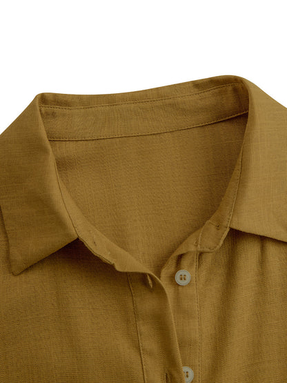 Linen Button-Front Belted Midi Shirt Dress