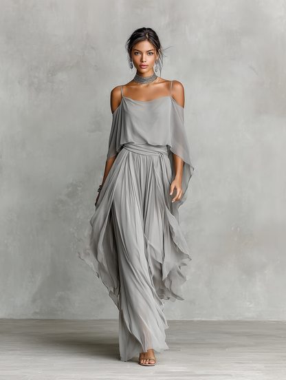 Grey Chiffon Cold-Shoulder Flared Co-ord Set