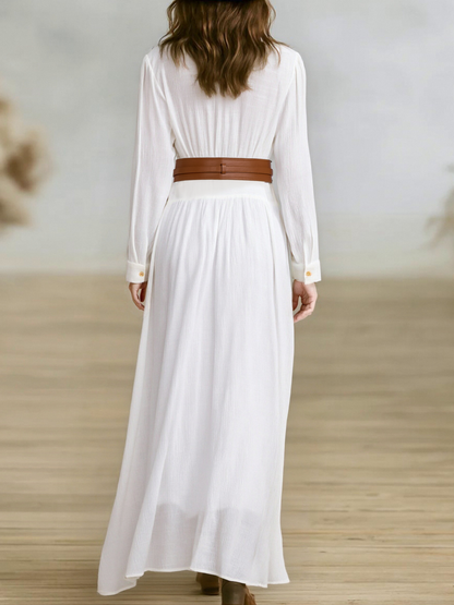 Cotton Linen Pleated Lapel Maxi Dress