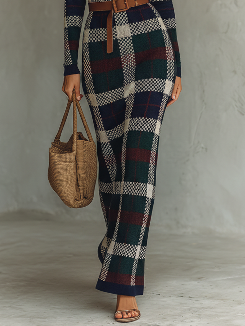 Check Knit Belted Square Neck Maxi Dress