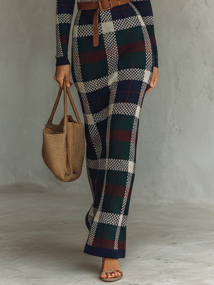 Check Knit Belted Square Neck Maxi Dress