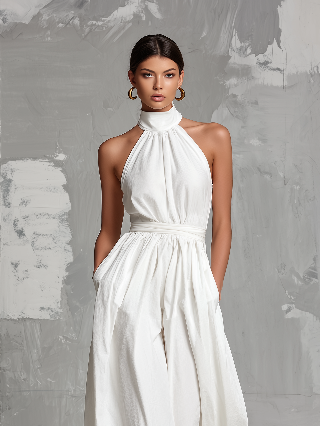 White Woven Sleeveless Halter-Neck Jumpsuit