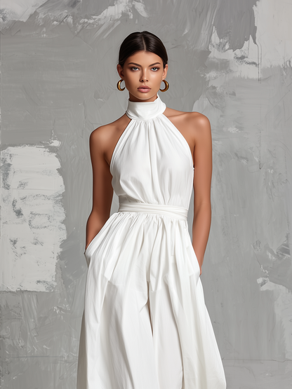 White Woven Sleeveless Halter-Neck Jumpsuit