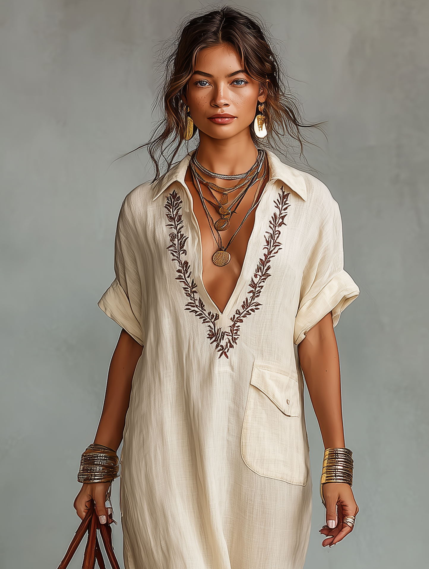 Linen Blend Embroidered Short Sleeve Maxi Shirt Dress