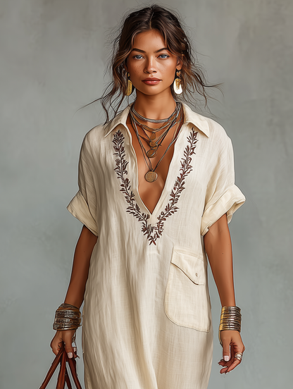 Linen Blend Embroidered Short Sleeve Maxi Shirt Dress