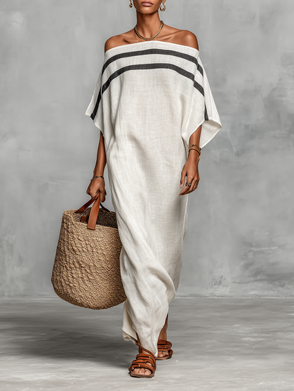 Linen Blend Off-Shoulder Batwing Sleeve Maxi Dress