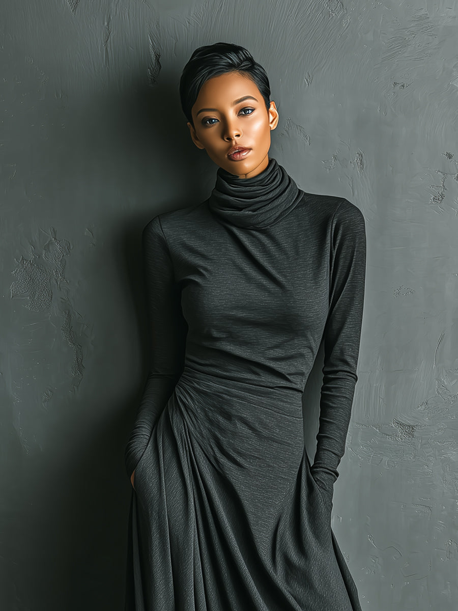Charcoal Stretch Turtleneck Draped Maxi Dress