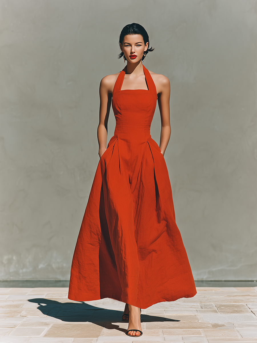 Red Linen Halter Neck Pleated Skirt Maxi Dress