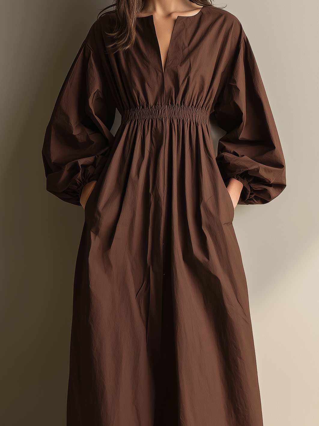 Brown Cotton-Linen V-Neck Elastic Waist Maxi Dress