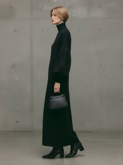 Turtleneck Puff-Sleeve Sweatshirt Maxi Dress