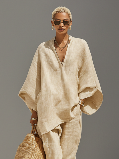 Neutral Linen Asymmetric Hem Co-ord Set