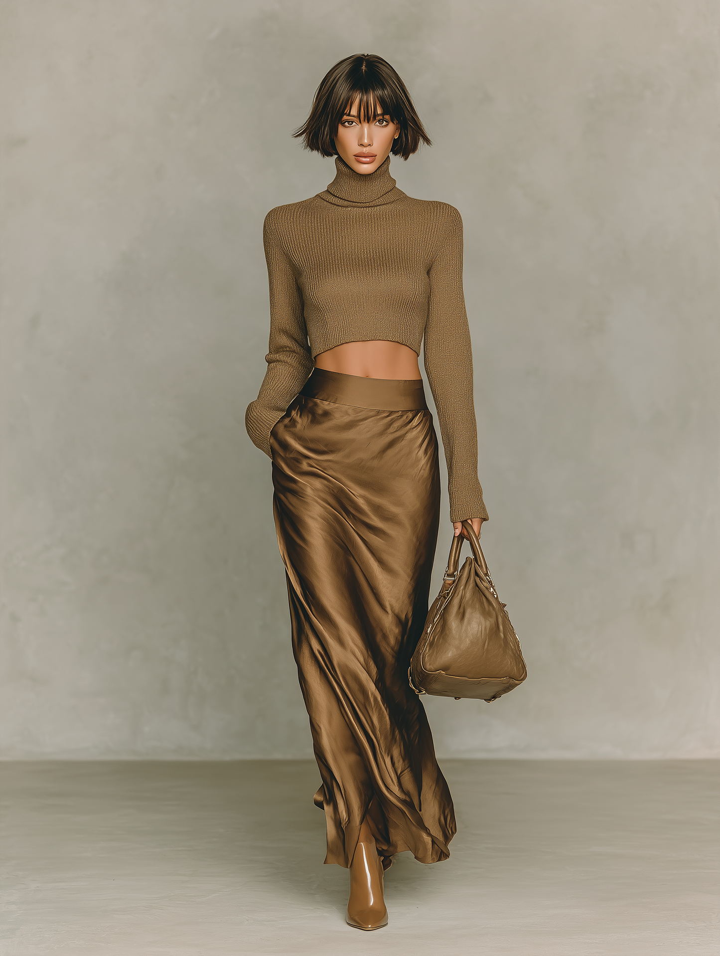 Gold-Brown Knit Turtleneck Top & Satin Midi Skirt Set