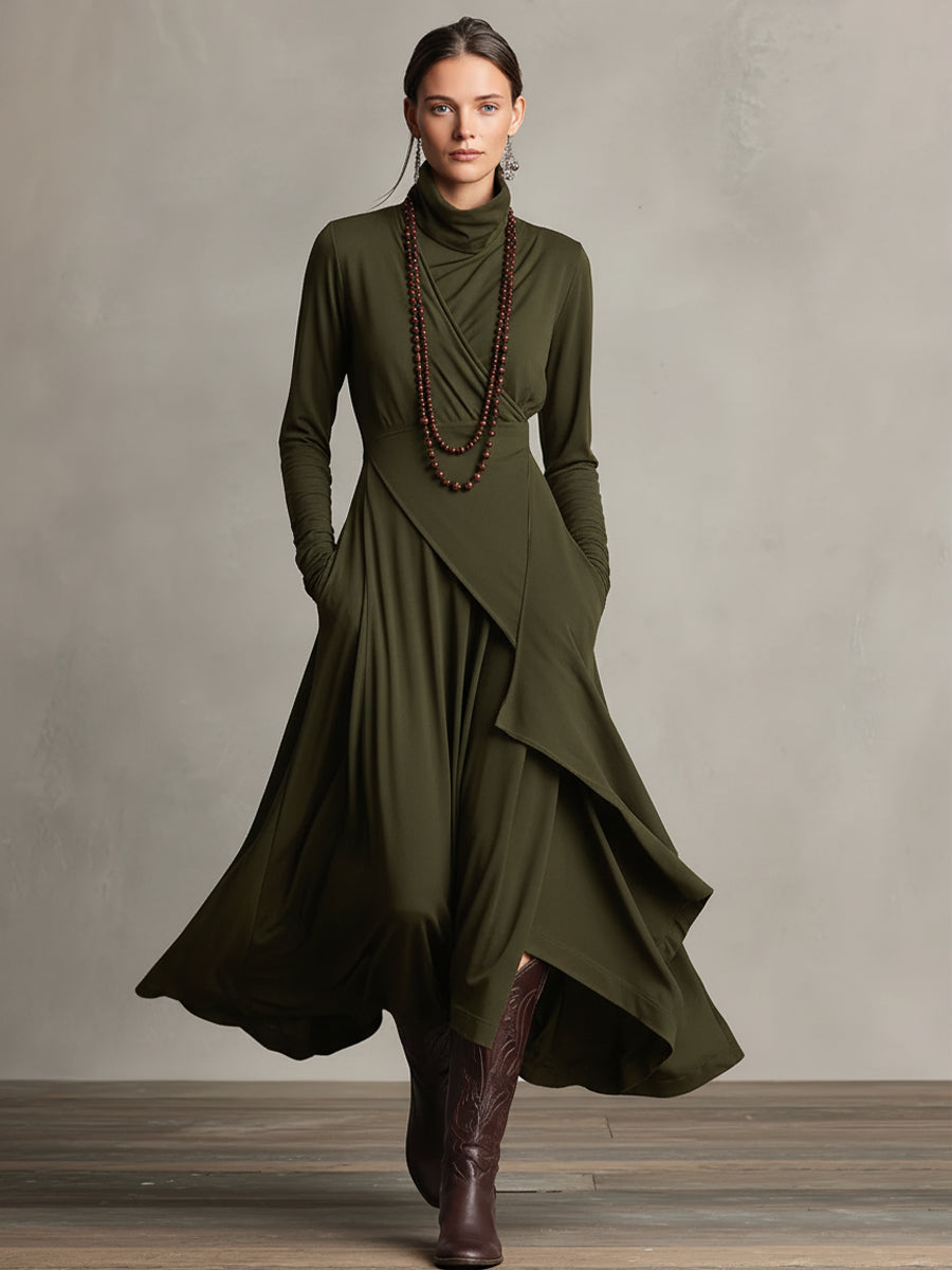 Purple Boho Cotton Turtleneck Asymmetric Draped Maxi Dress