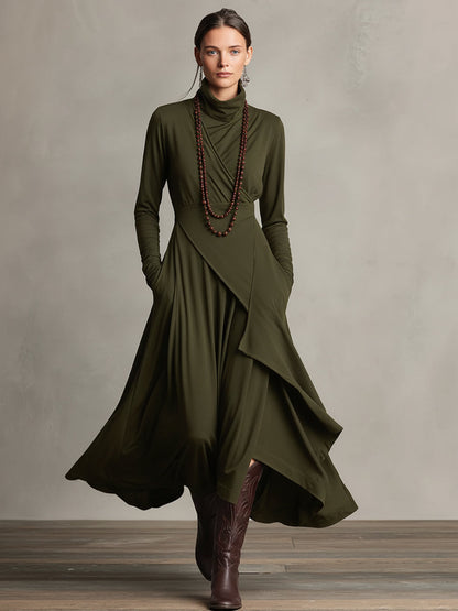 Purple Boho Cotton Turtleneck Asymmetric Draped Maxi Dress