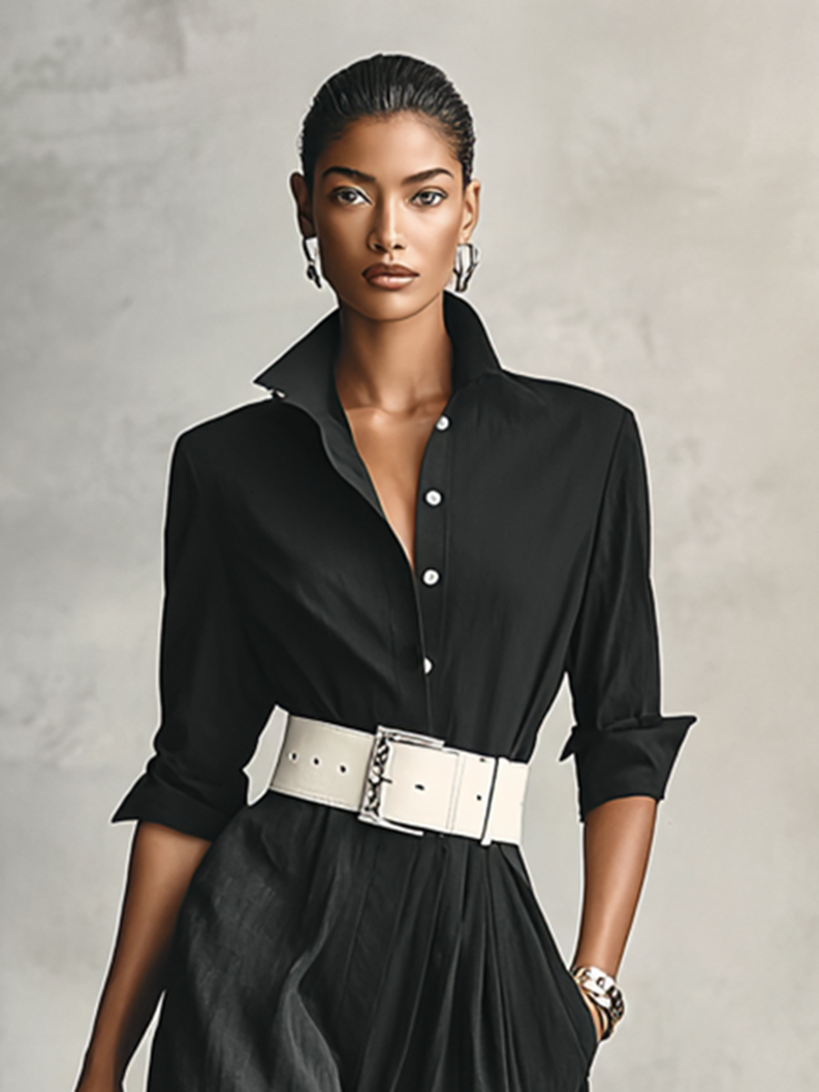 Lapel Single-Breasted Long Sleeve Belted Jumpsuit