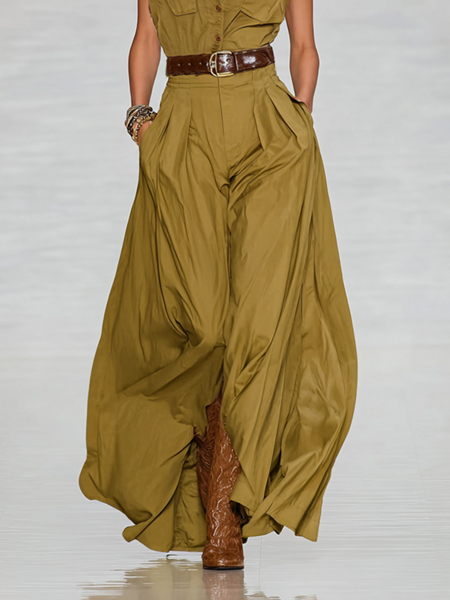 Cotton Blend Lapel Single-Breasted Short Sleeve Shirt Maxi Dress