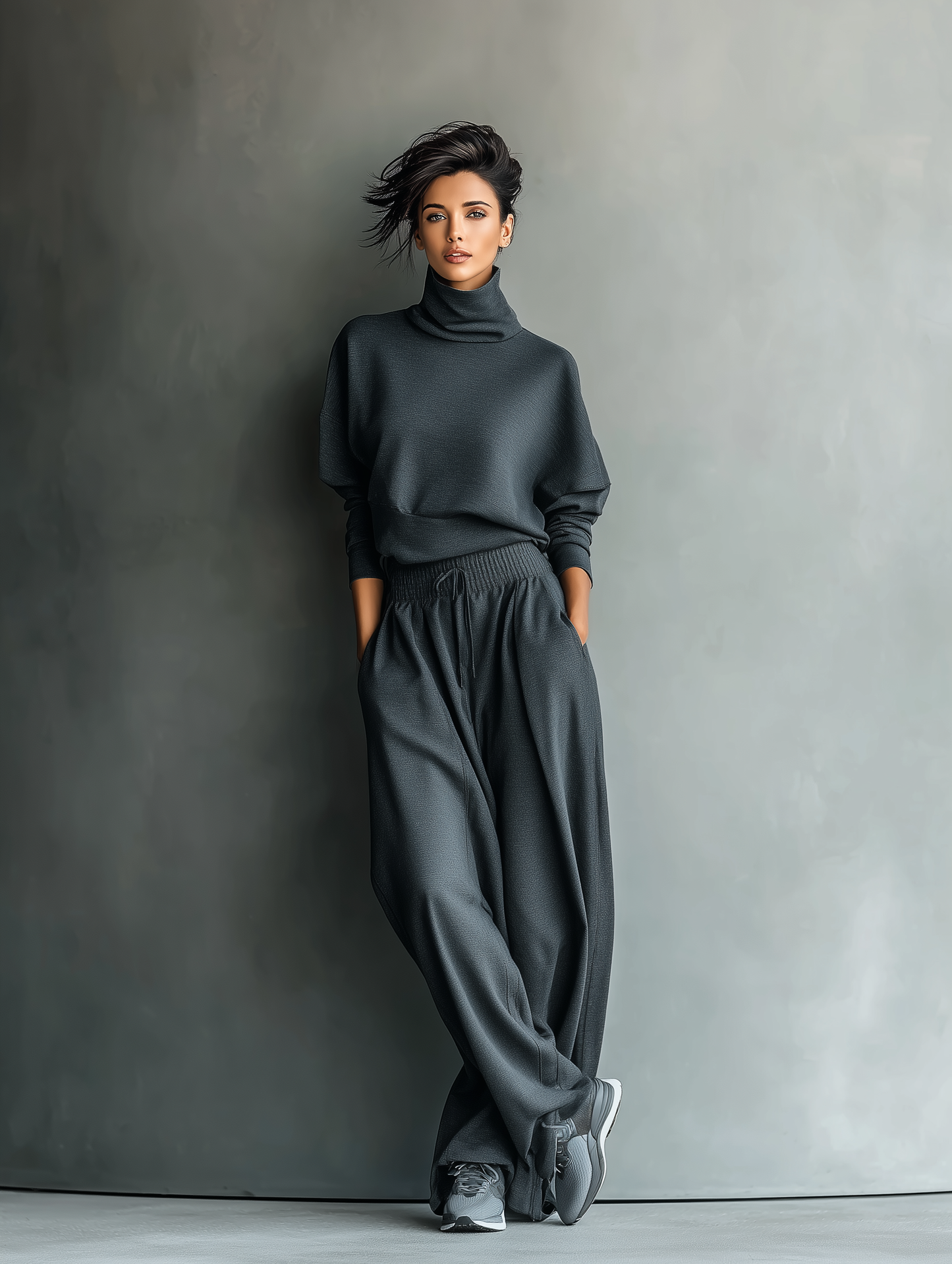 Charcoal Knit Turtleneck Oversized Top & Wide-Leg Pants Set