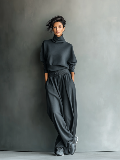 Charcoal Knit Turtleneck Oversized Top & Wide-Leg Pants Set