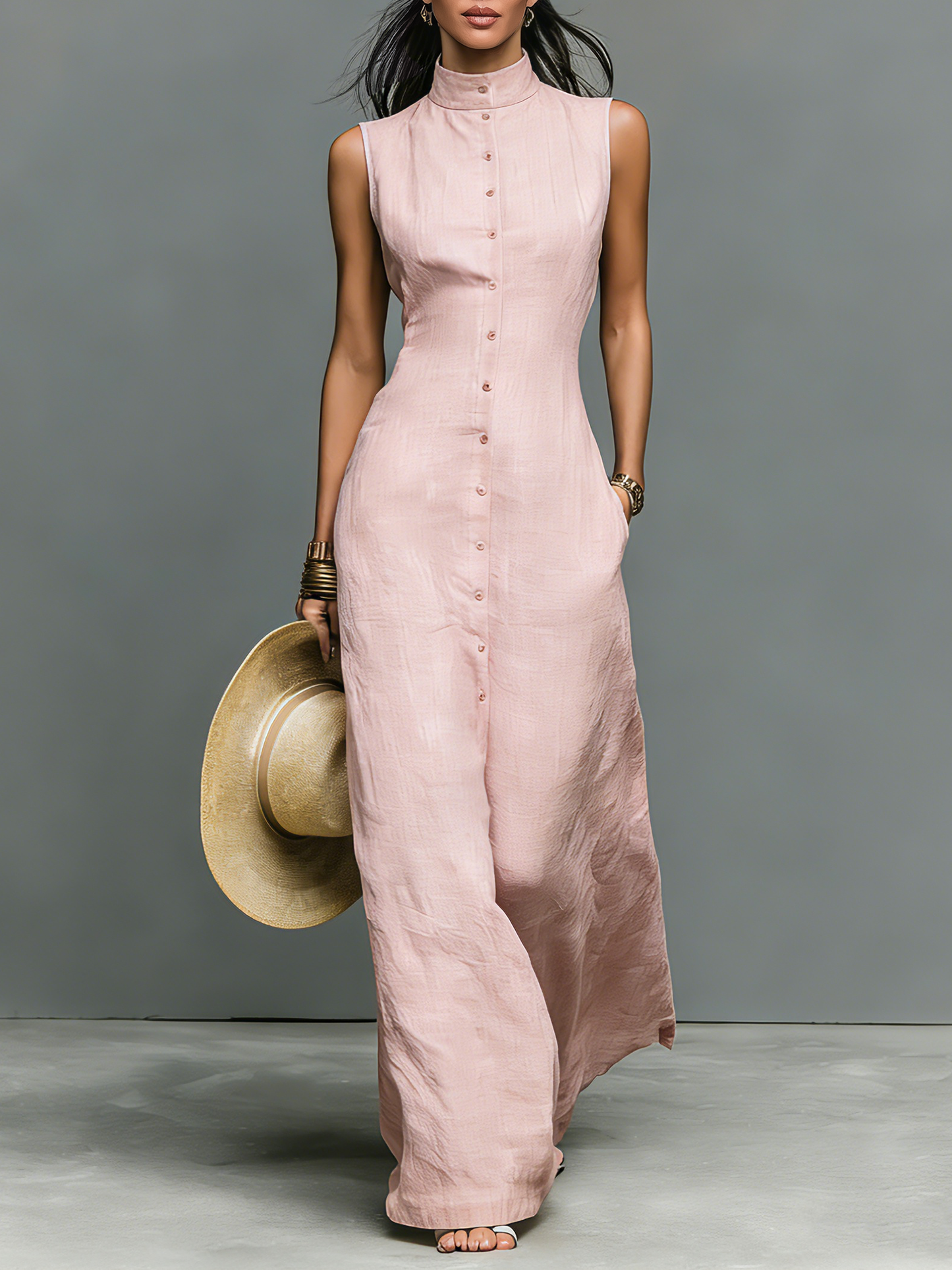 Women’s Minimalist Linen-Blend Stand-Collar Single-Breasted Sleeveless Maxi Dress