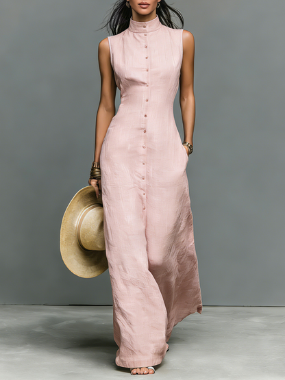 Women’s Minimalist Linen-Blend Stand-Collar Single-Breasted Sleeveless Maxi Dress