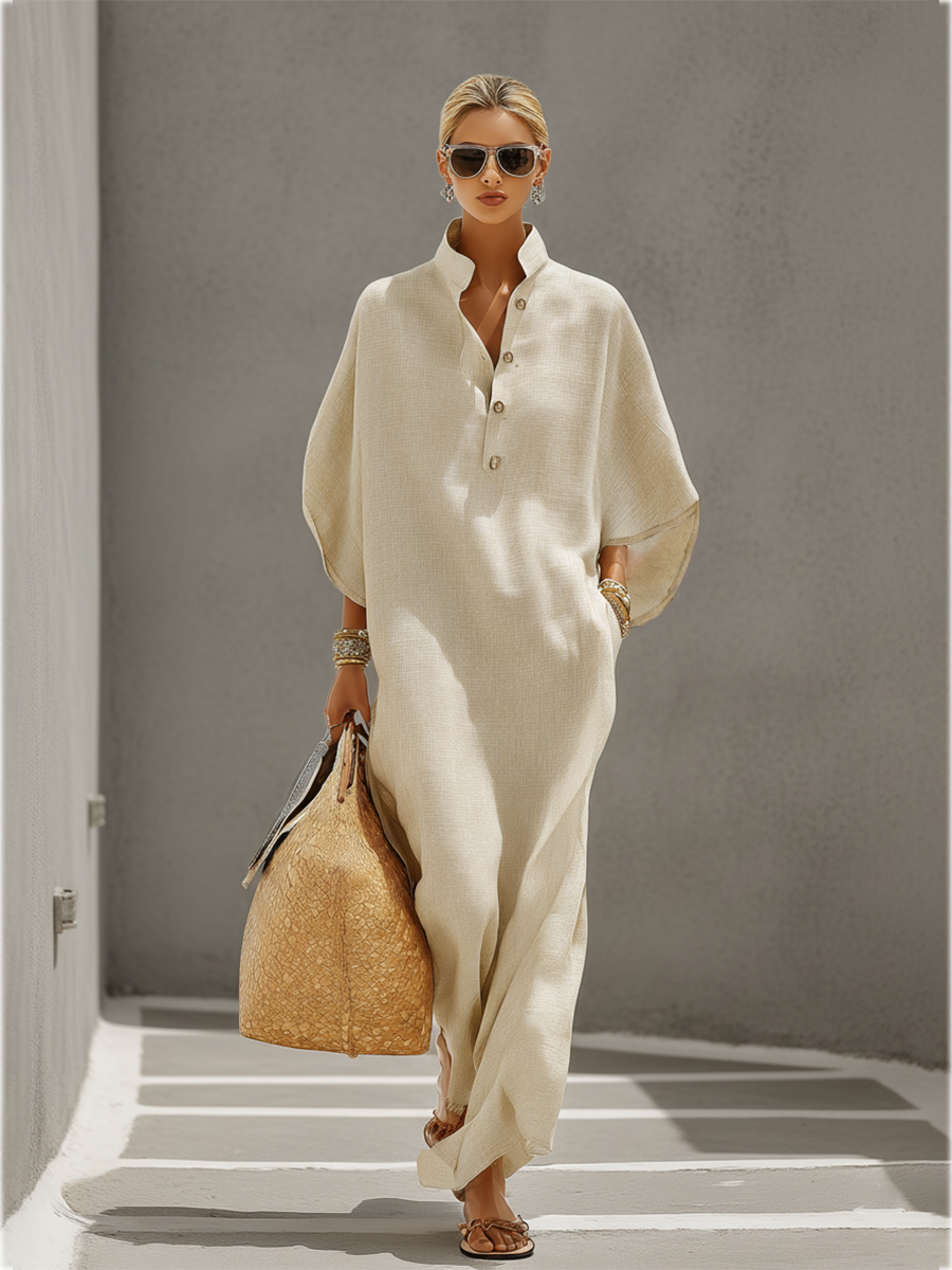 Oatmeal Linen Mandarin Collar Dolman Sleeve Dress