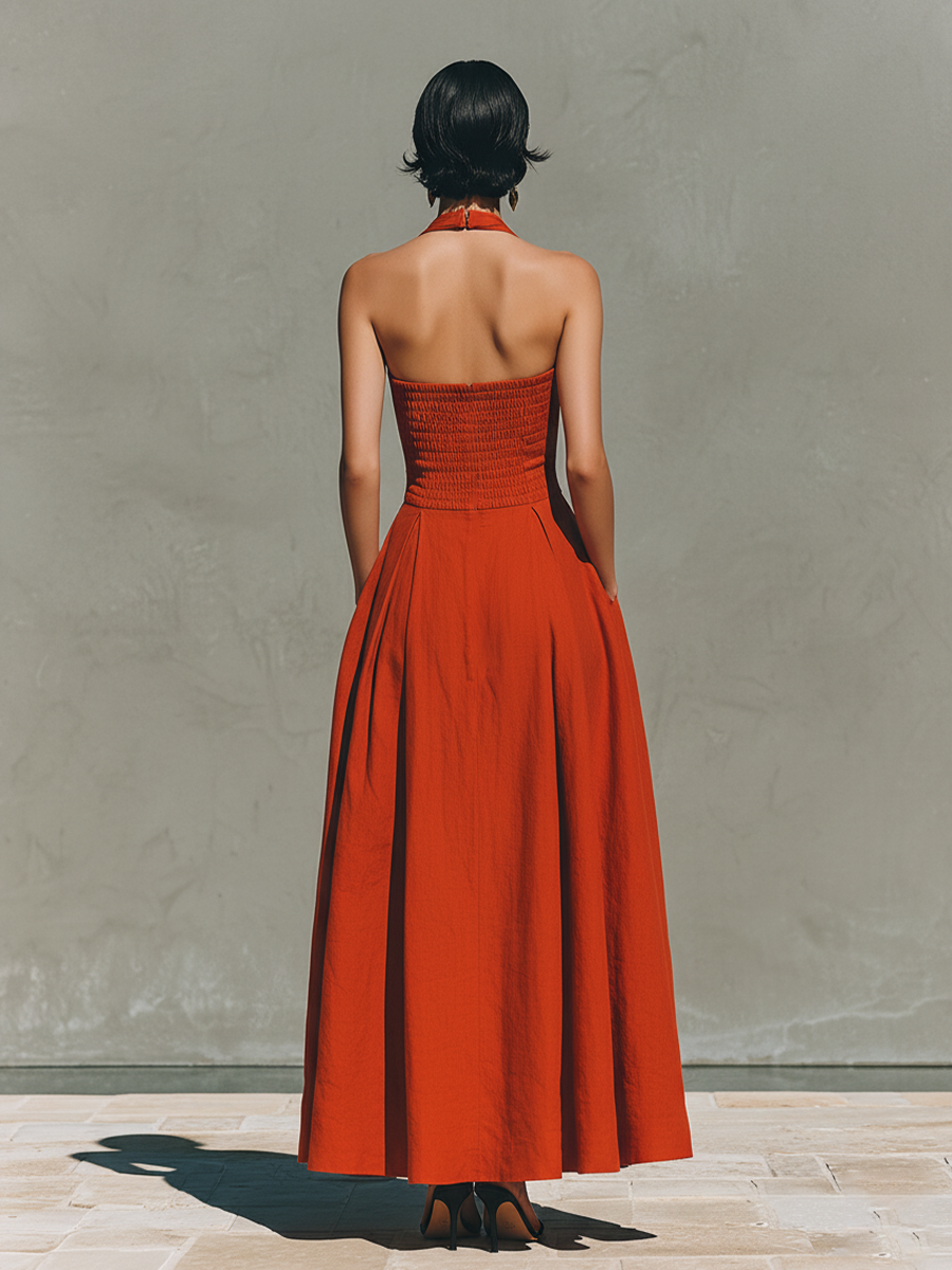 Red Linen Halter Neck Pleated Skirt Maxi Dress