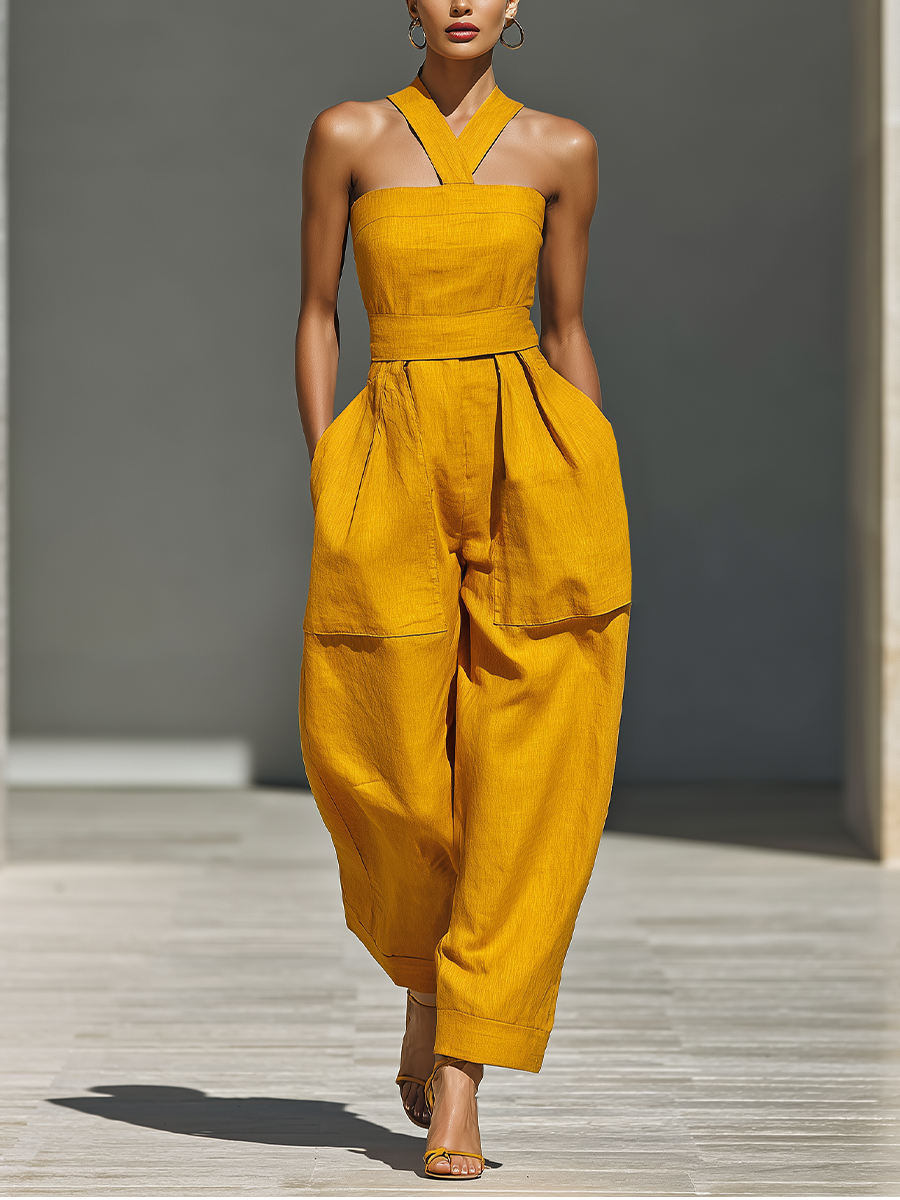 Linen Crisscross Neck Relaxed Jumpsuit
