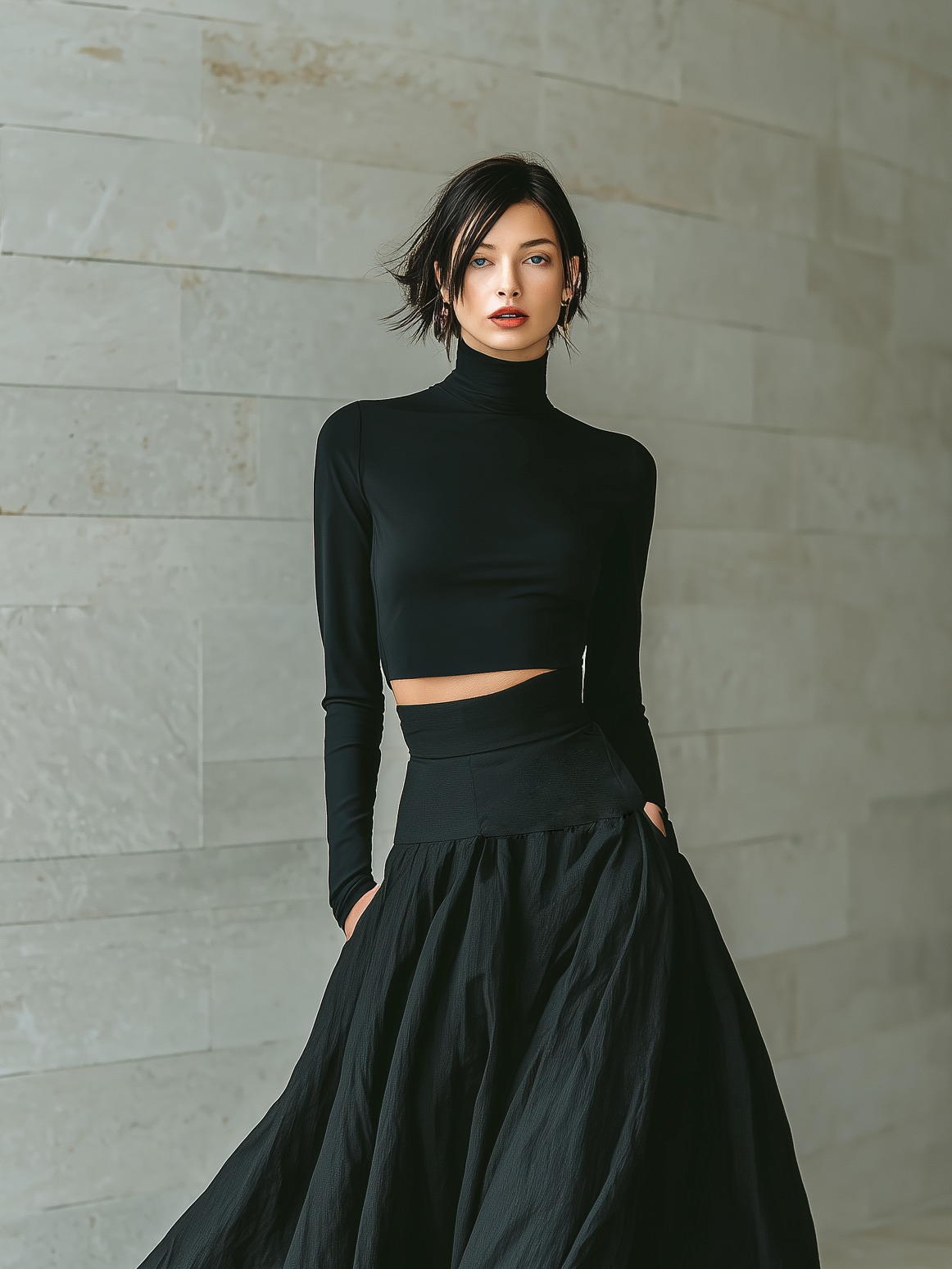 Black Fitted Turtleneck Crop Top & Long Skirt Set