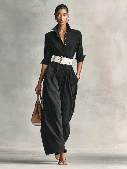 Lapel Single-Breasted Long Sleeve Belted Jumpsuit