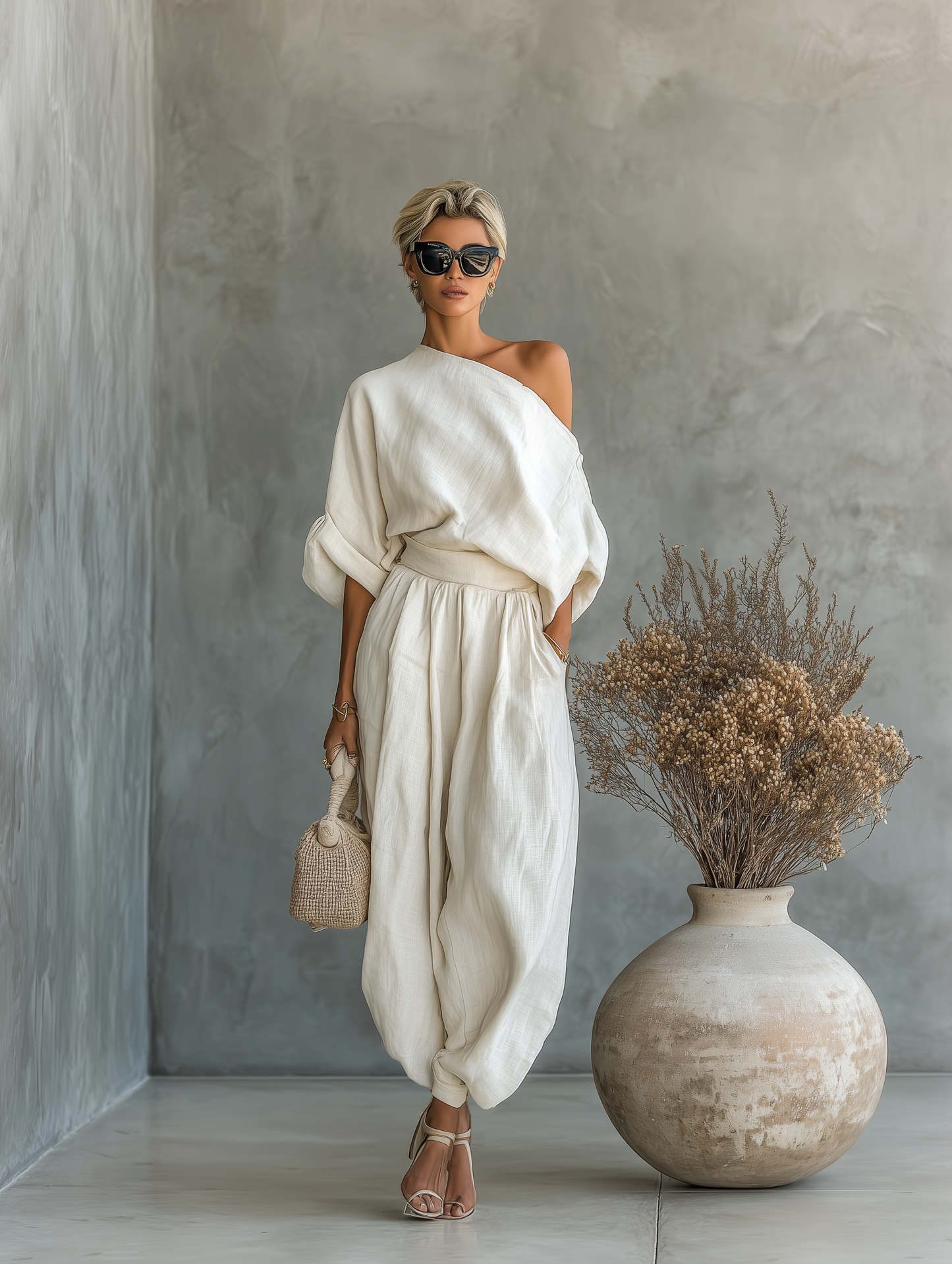 Off-White Linen Off-Shoulder Top & Tapered Pants Set