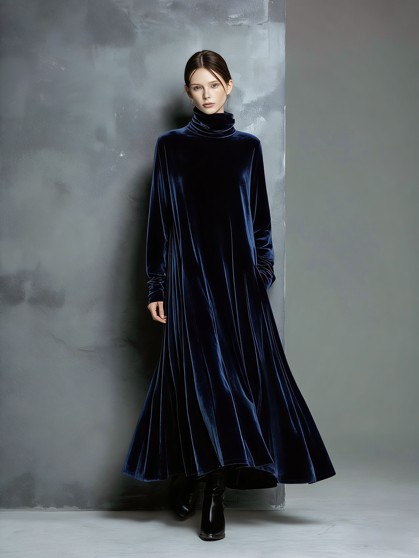Velvet High-Neck Long Sleeve Maxi Dress