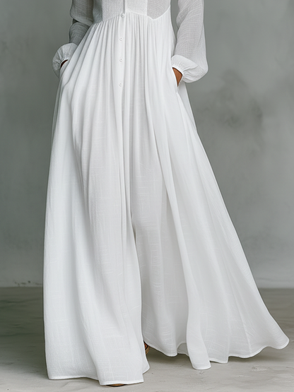 Minimalist High Neck Long Sleeve Linen Patchwork Maxi Dress
